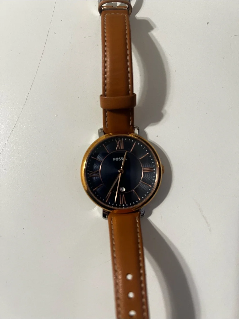 Fossil Women Navy Dial Watch with Tan Leather Strap